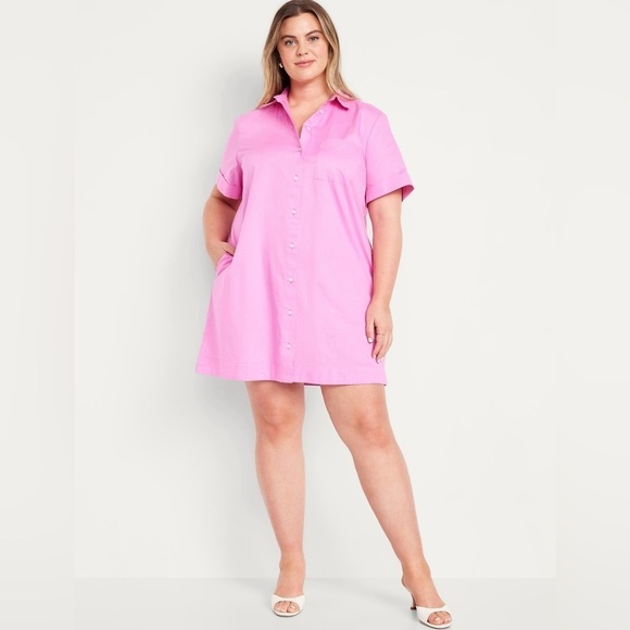 NWT! Old Navy Vivid Begonia Pink Cotton Button-Down Mini Shirt Dress - Multiple - Picture 7 of 10